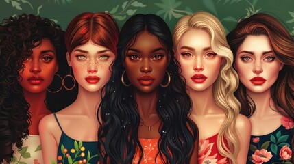 Fototapeta premium Group portrait of six beautiful ladies with different skin and hair color