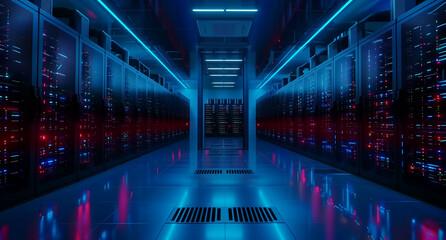 Title: "Digital Fortress"
Art Description: This artwork depicts a cutting-edge data center, featuring rows of server cabinets bathed in blue and red lights, symbolizing the power and sophistication of
