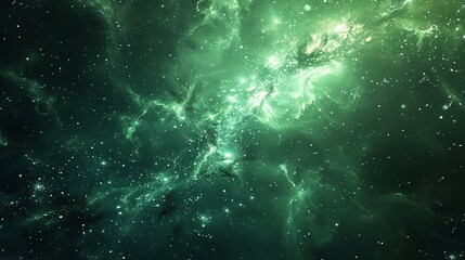 Fototapeta na wymiar A space background features a realistic green cosmos backdrop with a starry nebula and stardust, complemented by shining stars in a color galaxy