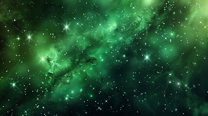 A space background features a realistic green cosmos backdrop with a starry nebula and stardust, complemented by shining stars in a color galaxy - obrazy, fototapety, plakaty