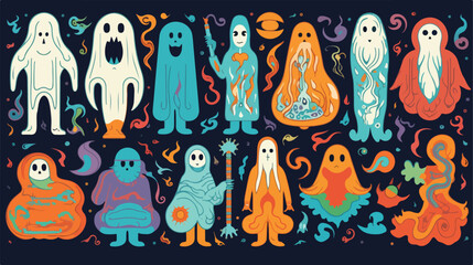 Big set of 70s halloween psychedelic ghosts charact