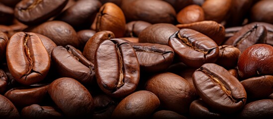 Macro photography of a pile of coffee beans, a key ingredient in many cuisine recipes. The natural food staple is showcased against a rustic wood backdrop - obrazy, fototapety, plakaty