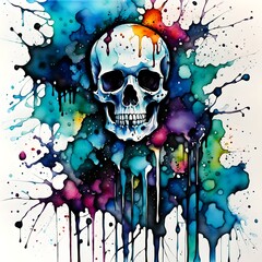 abstract watercolor and ink halloween skull