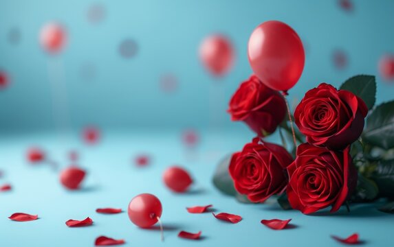 red roses and love balloons on a pastel blue background positioned on the side