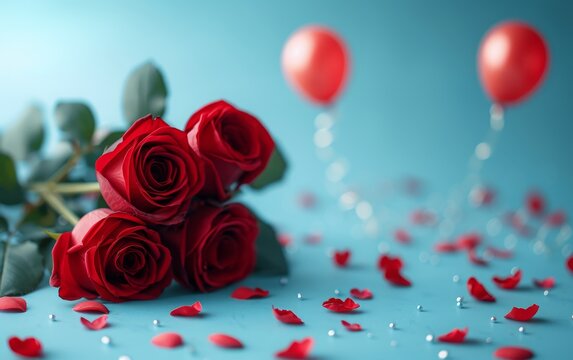 red roses and love balloons on a pastel blue background positioned on the side
