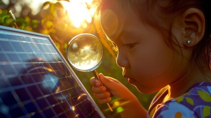A child holding up a magnifying glass to a small solar panel concentrating on the intense beam of light it produces. . . - obrazy, fototapety, plakaty