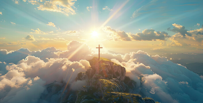 Crucifix at the top of a Mountain with Sunlight Breaking through the Clouds. Inspirational Christian Image.
