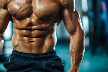 fitness model torso in top with well defined abdominal muscles - obrazy, fototapety, plakaty