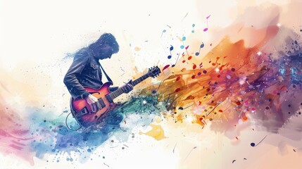 Guitar player silhouette against a vibrant watercolor splash, Concept of musical creativity and the fusion of art forms - obrazy, fototapety, plakaty