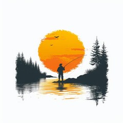 vector logo illustration of a man fishing by a lake on a solid white background