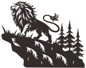 Vector black silhouette snarling lion on a rock © Ari