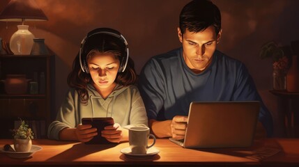 Illustration design of a father and son operating a smartphone at home, with a background of light