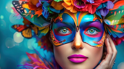 Attractive Woman With colorful Carnival masquerade Mask. AI generated image - obrazy, fototapety, plakaty
