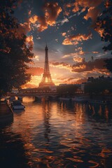 Fototapeta na wymiar Dawn over Paris with misty Seine river and Eiffel Tower, Concept of new beginnings, hope, and iconic landmarks 