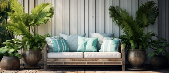 A hardwood couch sits in a patio surrounded by potted plants, creating a peaceful outdoor space in front of a buildings facade