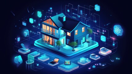 Smart home illustration design, with a house background with blue lights and lights