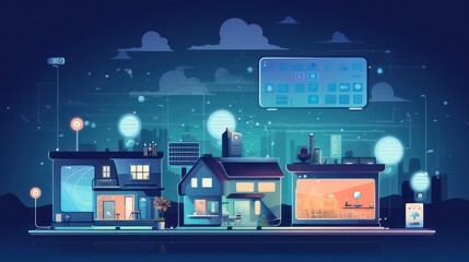 Smart home illustration design, with a house background with blue lights and lights