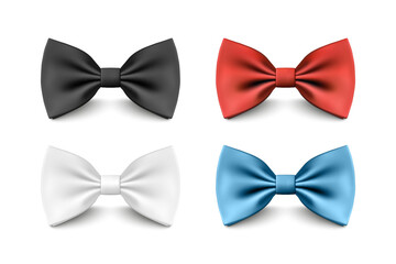 Vector 3D Realistic Red, Black, Blue, White Bow Tie Set Isolated. Silk Glossy Bowtie, Tie Gentleman. Mockup, Design Template of Stylish Bow Tie for Men. Fashion, Father s Day Holiday Concept