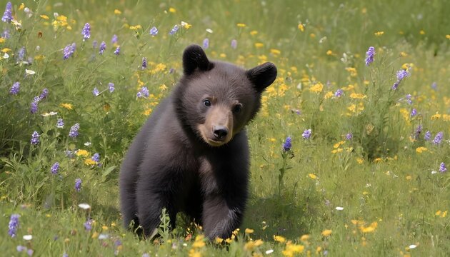 a-bear-cub-playing-in-a-patch-of-wildflowers-