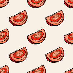 Flat Vector Seamless Pattern with Fresh Tomato on a White Background. Seamless Vegetable Print with Whole Tomatoes