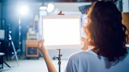 Woman holding a white sheet in front of her while in photography studio