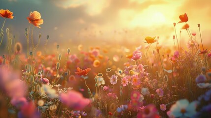 Sunset over a field of wildflowers, Concept of natural beauty, peaceful end to the day, and the simplicity of nature
