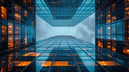Reflective skyscrapers, business office buildings. low angle view of skyscrapers in city, sunny day. Business wallpaper with modern high-rises with mirrored windows, Generative AI - obrazy, fototapety, plakaty