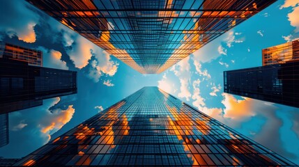 Reflective skyscrapers, business office buildings. low angle view of skyscrapers in city, sunny day. Business wallpaper with modern high-rises with mirrored windows, Generative AI - obrazy, fototapety, plakaty