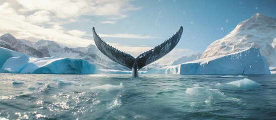 The majestic tail of a humpback whale breaks through the surface of the water, with the sky reflecting in the liquid as it travels through the ocean waves