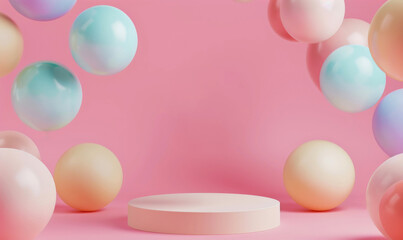 Empty beige round pedestal on pink background with balloons floating around. Perfect for product display or your montage. High quality photo