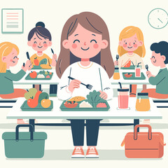 Children eating in school cafeteria. Flat color illustration. Lunch break scene. The image can be used for a visual schedule. 