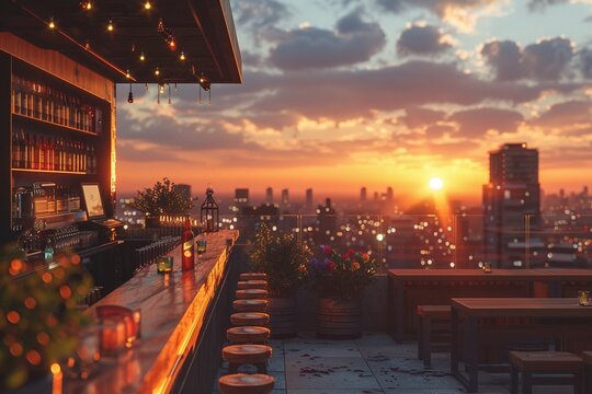 City Skylines at Dusk: Rooftop Bar Delights with Urban Views - 3D Render