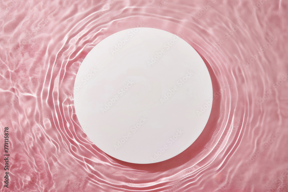 Poster white round pedestal on pink rippled water texture background with top view. minimalist product disp