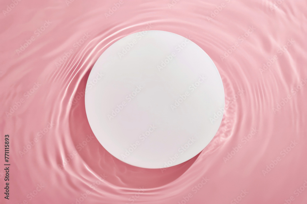 Poster white round pedestal on pink liquid surface with concentric ripples. perfect for product display wit