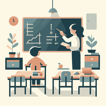 Child learning in classroom with teacher. Flat colors. The image can be used for a visual schedule.