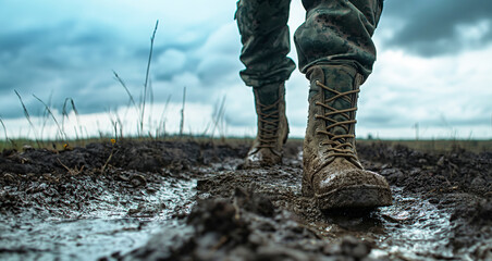 Soldier Marching in Muddy Terrain, Close-Up View of Military Boots