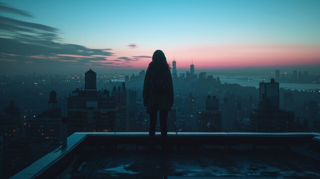 The silhouette of a person standing on a rooftop gazing at the vast urban landscape stretched out before them.