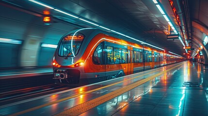 Modern subway train arriving at a station, Concept of urban transportation, speed, and metropolitan lifestyle
