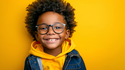 Gleeful African child in vibrant attire and trendy eyewear, radiating happiness against a yellow backdrop.