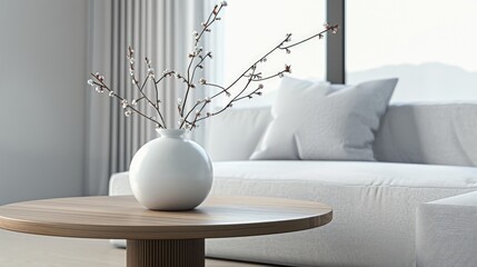 Minimalist home decor with a vase on a wooden table, Concept of simplicity, tranquility, and modern interior design
