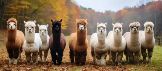 Poster A group of alpacas grazing peacefully in a lush green field, surrounded by trees and natural landscape, showcasing the beauty of terrestrial animals in nature © AkuAku