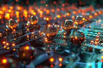 A conceptual image of a quantum computer with qubits represented by glowing orbs - obrazy, fototapety, plakaty