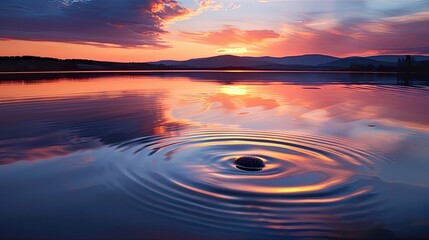 A serene lake with a single pebble causing a perfect ripple splash reflecting the sunset sky - obrazy, fototapety, plakaty