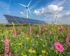 A striking image of solar panels and wind turbines in a field of flowers sustainable harmony