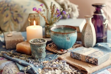 A thoughtful arrangement of wellness gifts including spa items and herbal teas