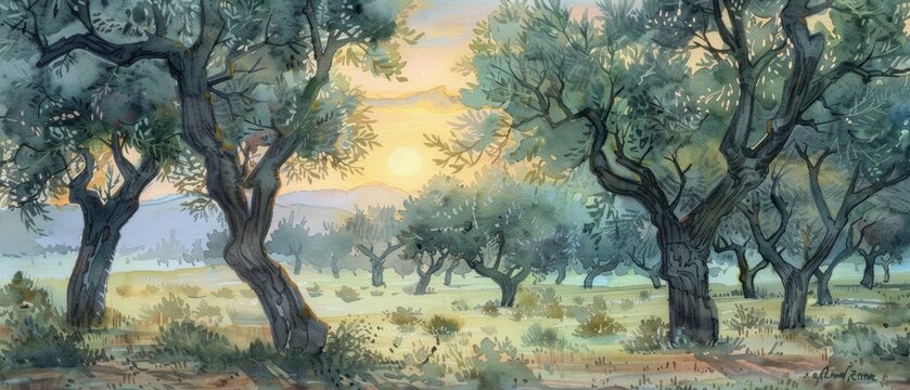 A watercolor of a peaceful olive grove at dawn
