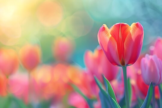 Beautiful tulip flowers with blurred gradient spring nature background image.