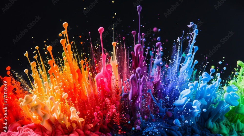 Poster shades of every color of the rainbow collide and blend on the stark black backdrop creating a stunni