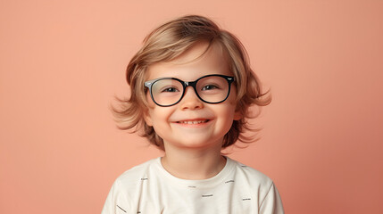 Adorable child with stylish eyewear, soft pink backdrop.