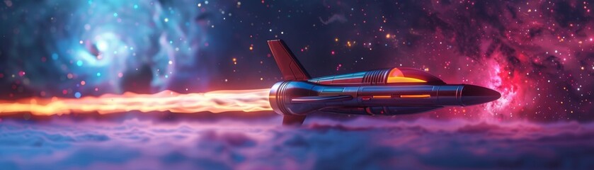 Retro spaceship with neon comet, 3D animotion render - obrazy, fototapety, plakaty